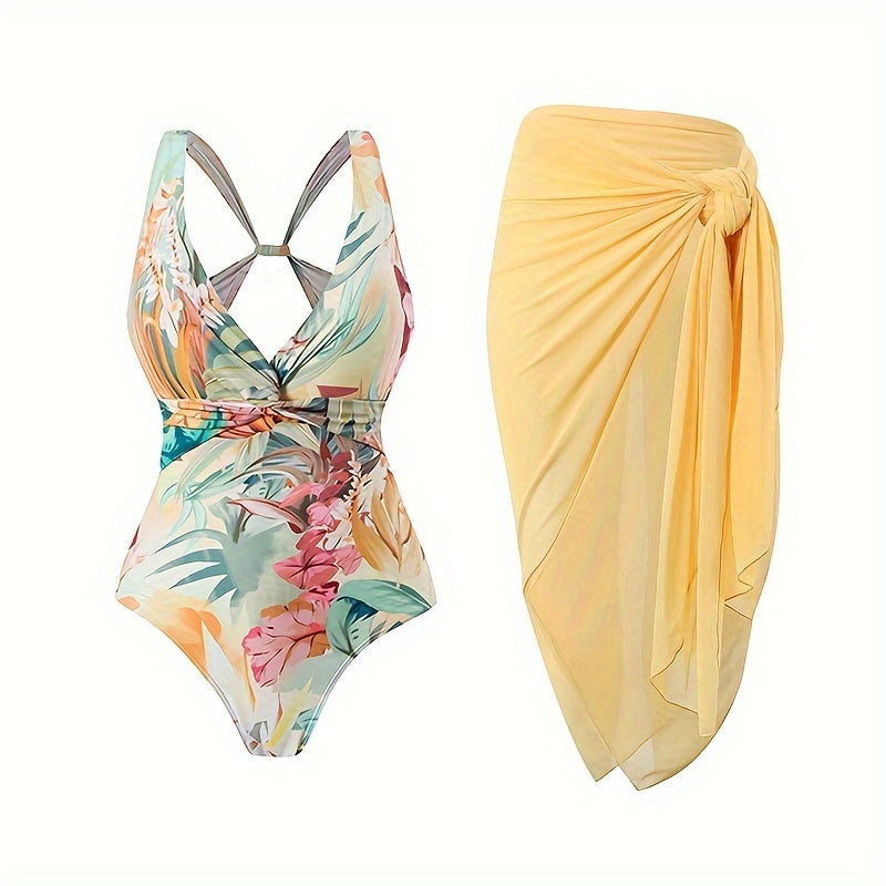 Tropical Print 2 Piece Swimsuits, V Neck Twisted One-piece Bathing-suit & Cover Up Skirt, Women's Swimwear & Clothing