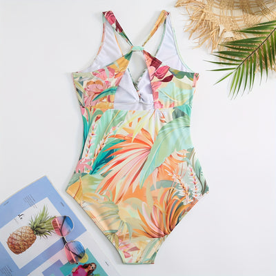 Tropical Print 2 Piece Swimsuits, V Neck Twisted One-piece Bathing-suit & Cover Up Skirt, Women's Swimwear & Clothing