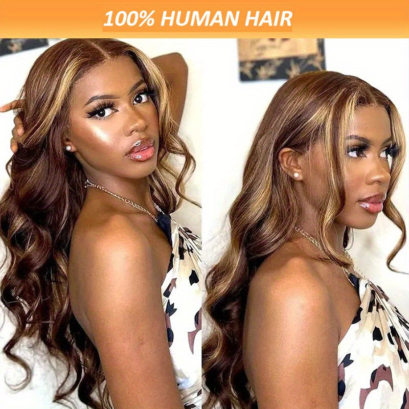 13x4 HD Transparent Lace Front PrePluck Human Hair Wigs For Women Highlight P4/27 Body Wave