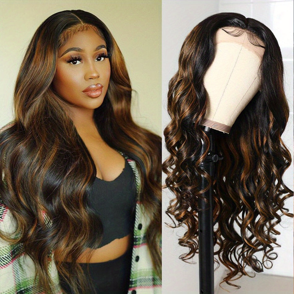 13x4 HD Transparent Lace Front PrePluck Human Hair Wigs For Women Highlight P4/27 Body Wave