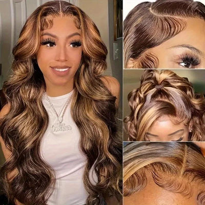 Honey Blonde Lace Front 4/27 Highlight Ombre 13x6 Transparent Lace Frontal Human Hair Wig