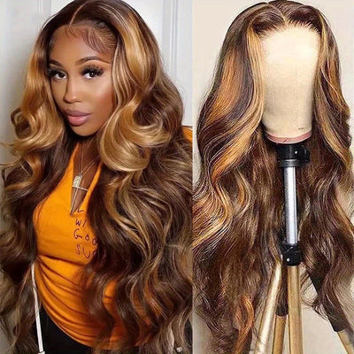 Honey Blonde Lace Front 4/27 Highlight Ombre 13x6 Transparent Lace Frontal Human Hair Wig