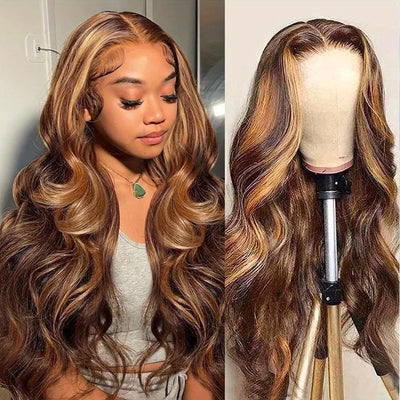 Honey Blonde Lace Front 4/27 Highlight Ombre 13x6 Transparent Lace Frontal Human Hair Wig