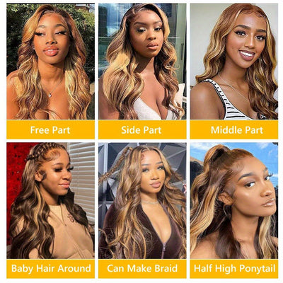 Honey Blonde Lace Front 4/27 Highlight Ombre 13x6 Transparent Lace Frontal Human Hair Wig