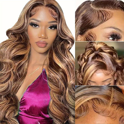 Honey Blonde Lace Front 4/27 Highlight Ombre 13x6 Transparent Lace Frontal Human Hair Wig