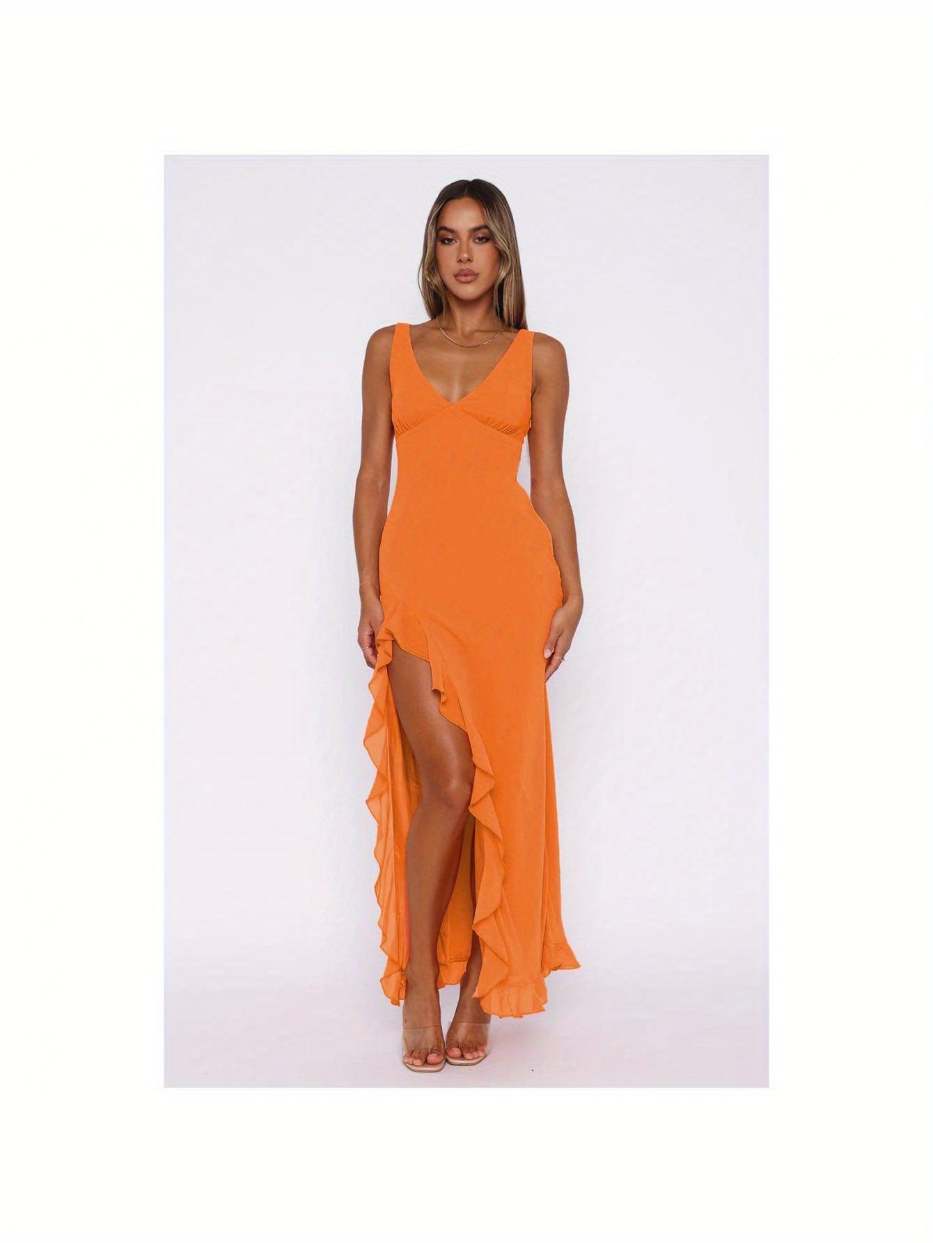 V Neck Split Ruffle Hem Elegant Sleeveless Maxi Dress