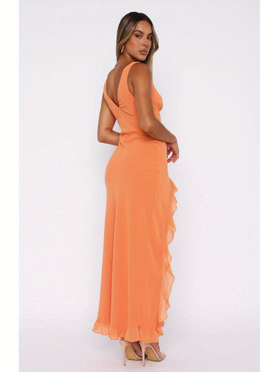 V Neck Split Ruffle Hem Elegant Sleeveless Maxi Dress