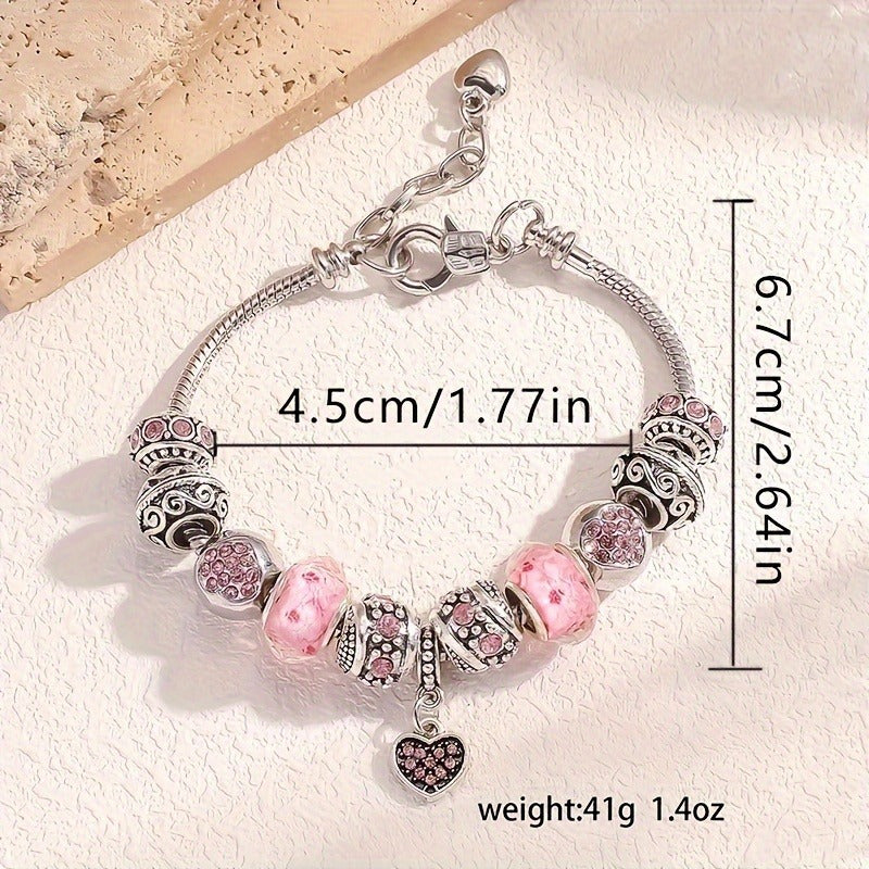 Pink Heart Pendant Bracelet Set - Adjustable Serpentine Chain- Romantic Accessory for Valentine's Day, Anniversary, Birthday