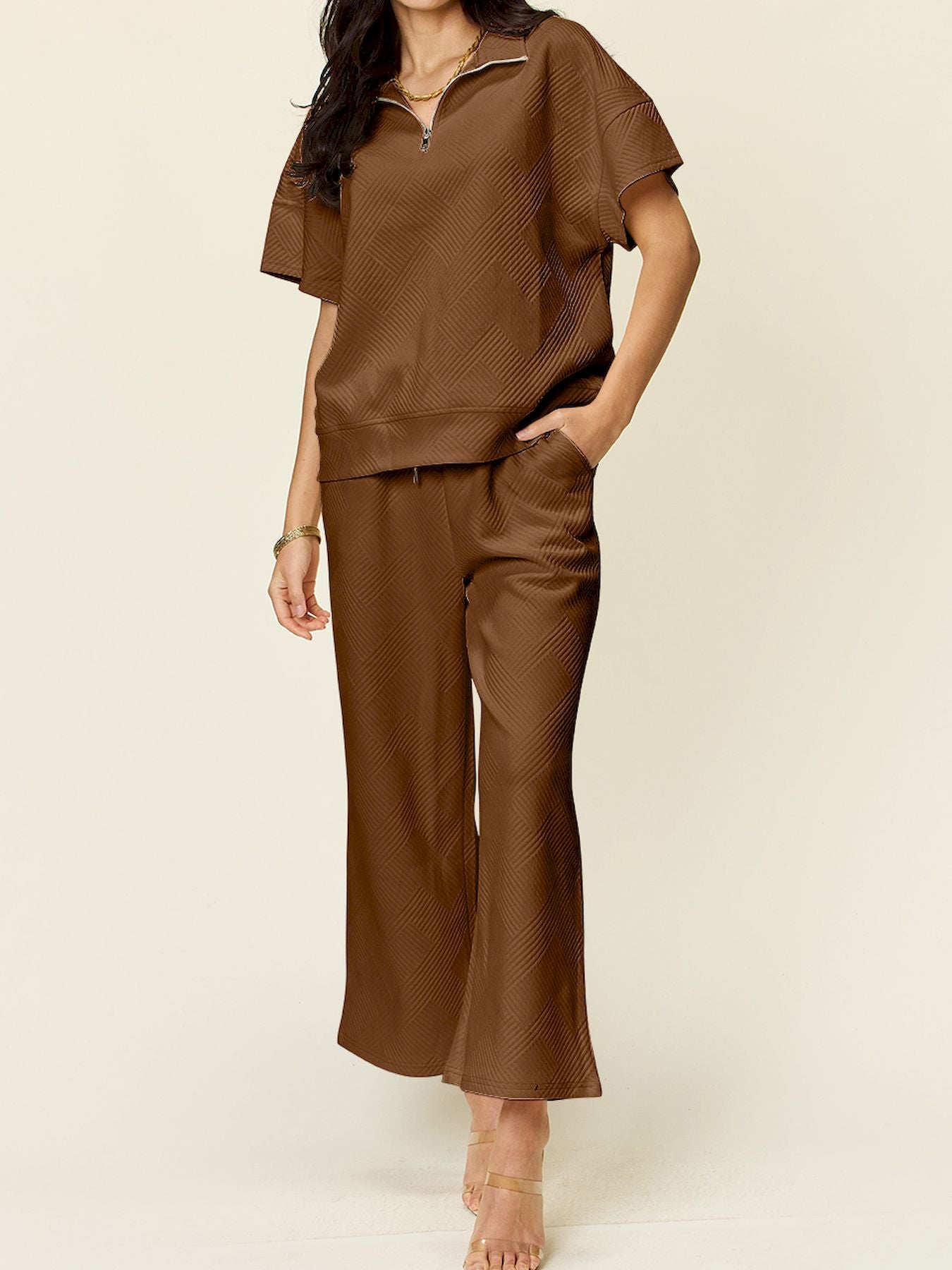 Full Size Texture Half Zip Short Sleeve Top and Pants Set