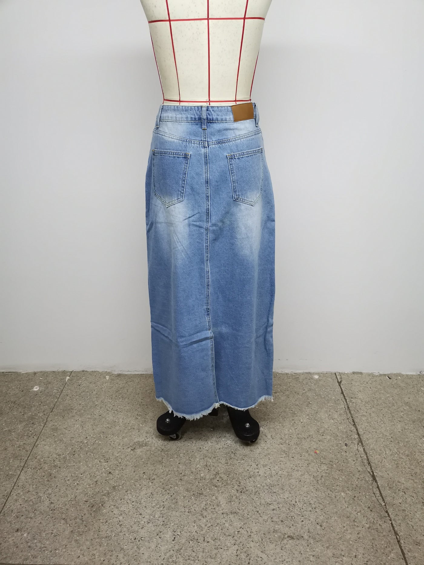 Raw Hem Slash Pocket Maxi Denim Skirt