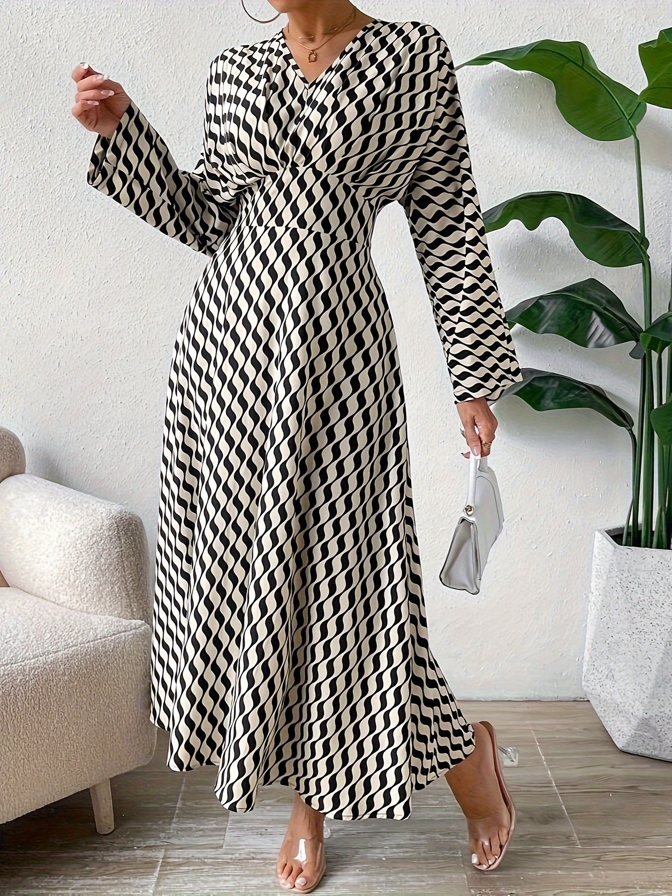 Striped Print High Waist Casual Long Sleeve Dress