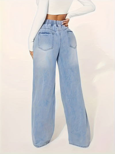 Women's Casual Drawstring Elastic Waist Denim Wide-Leg Jeans