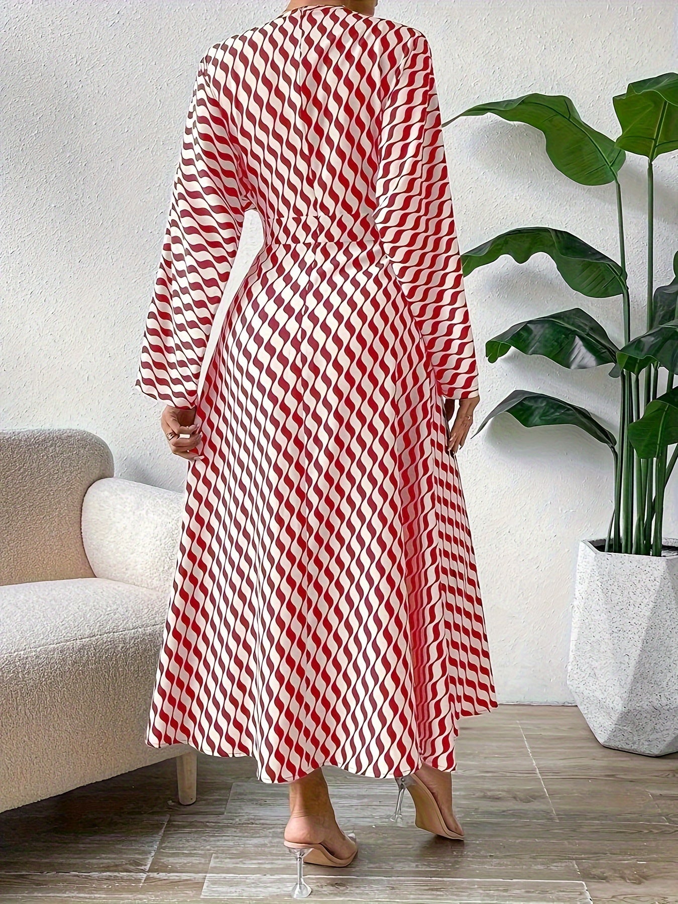 Striped Print High Waist Casual Long Sleeve Dress