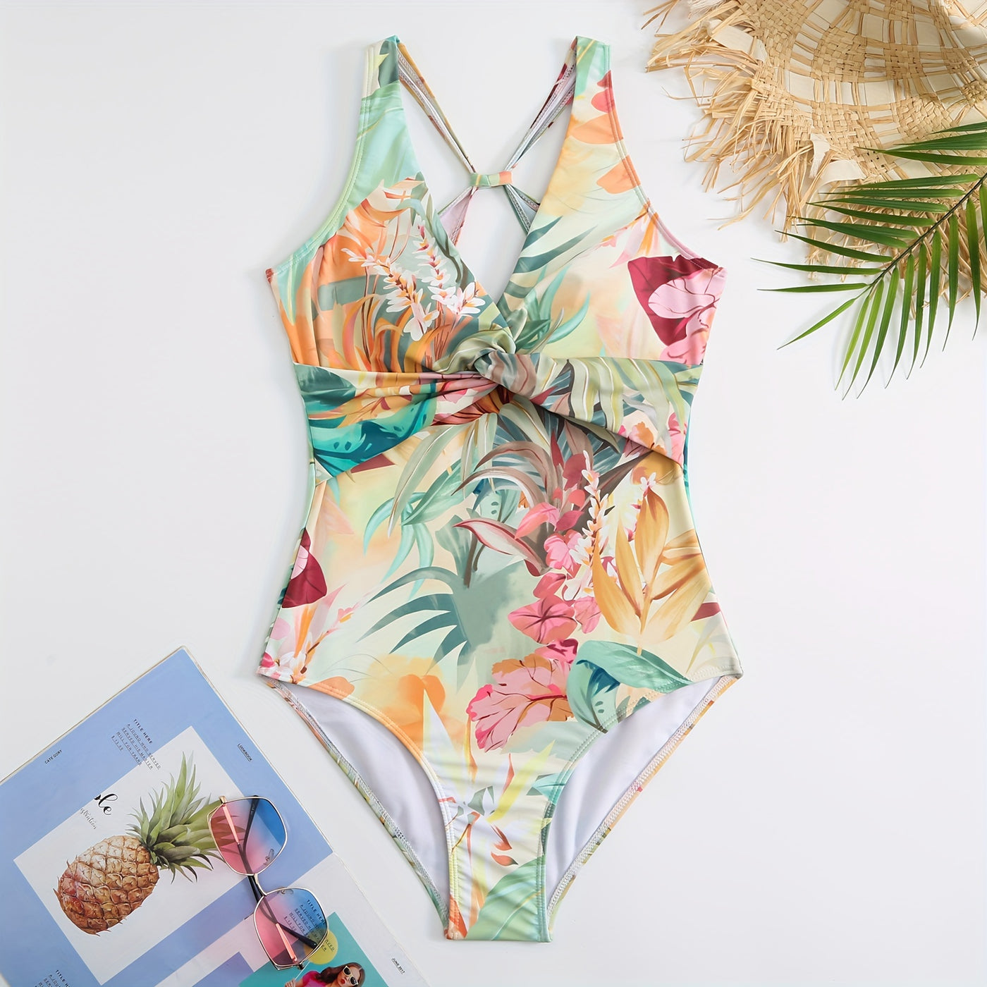 Tropical Print 2 Piece Swimsuits, V Neck Twisted One-piece Bathing-suit & Cover Up Skirt, Women's Swimwear & Clothing