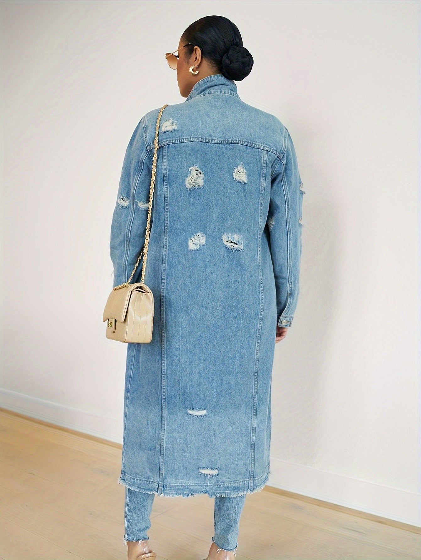 Ripped Raw Hem Distressed Plain Washed Blue Long Sleeve Maxi Denim Coat