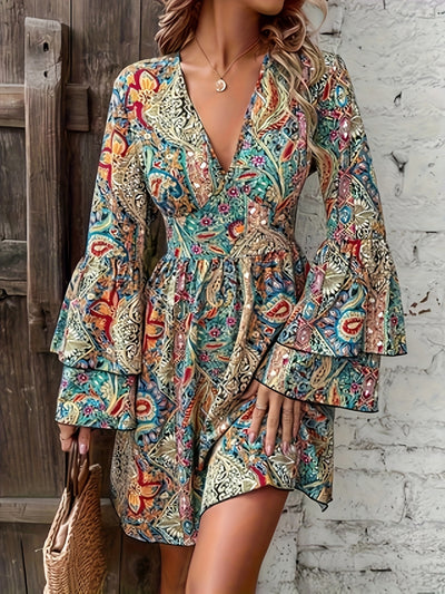 Paisley Print V Neck Elegant A-Line Dress