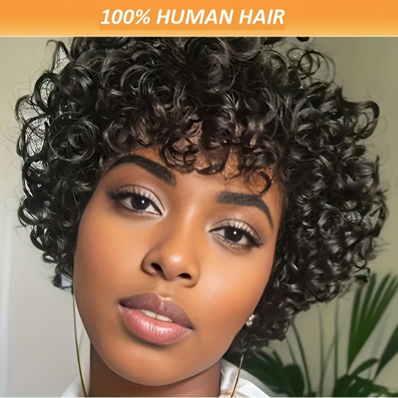 180% Density Women'S 6-inch Short Curly Wave Wig, 100% Human Hair, Non-Lace Front