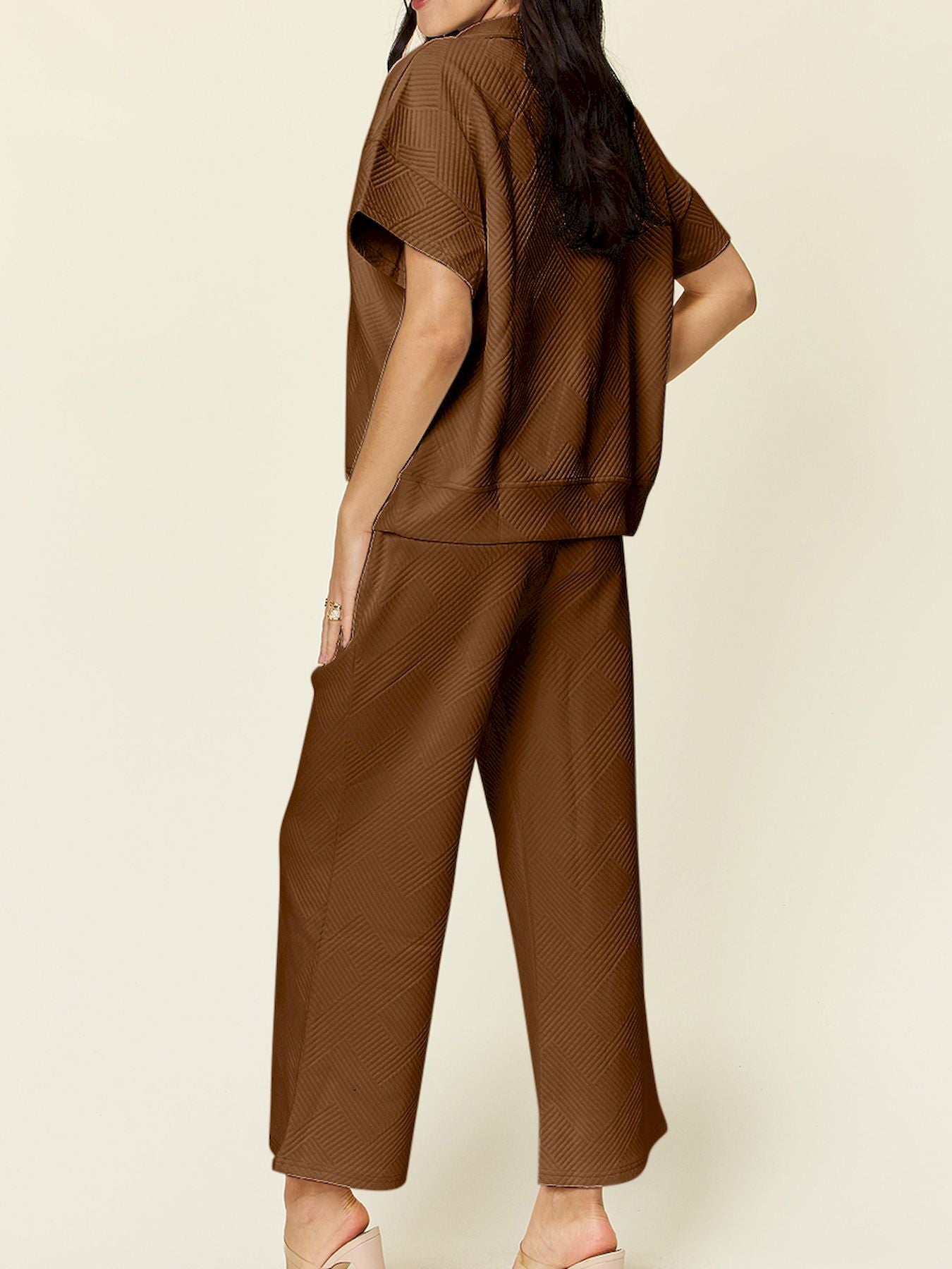 Full Size Texture Half Zip Short Sleeve Top and Pants Set