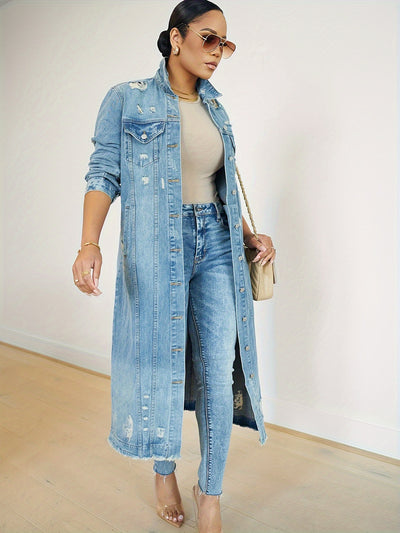 Ripped Raw Hem Distressed Plain Washed Blue Long Sleeve Maxi Denim Coat