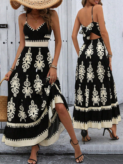 Women's Smocked Sleeveless Flowy Tribal Print Summer Boho  Maxi Dress