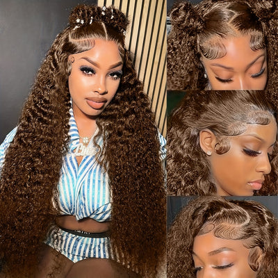 200 Density Chocolate Brown Deep Wave 360 Lace Front Glueless PrePluck Wig Human Hair