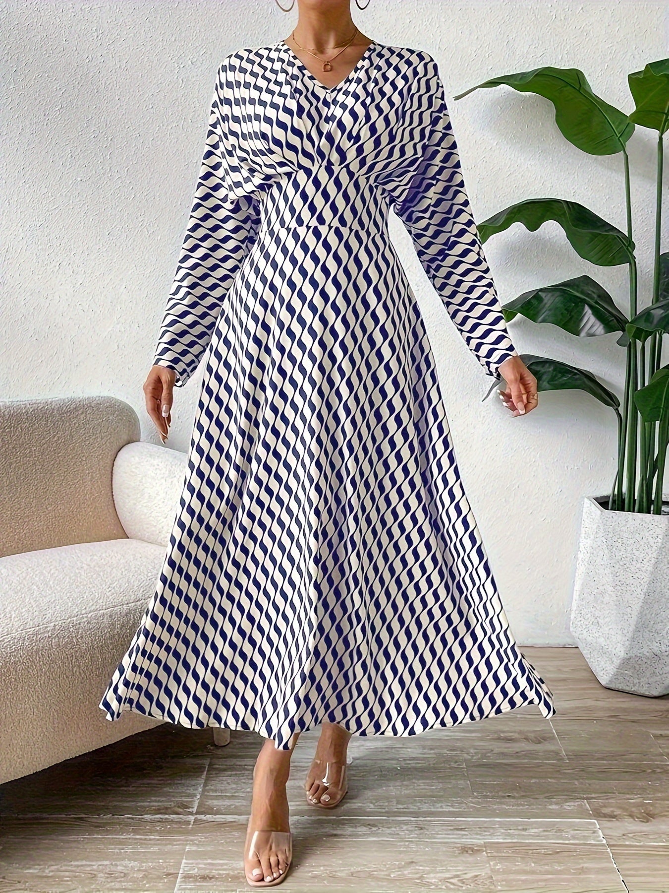 Striped Print High Waist Casual Long Sleeve Dress