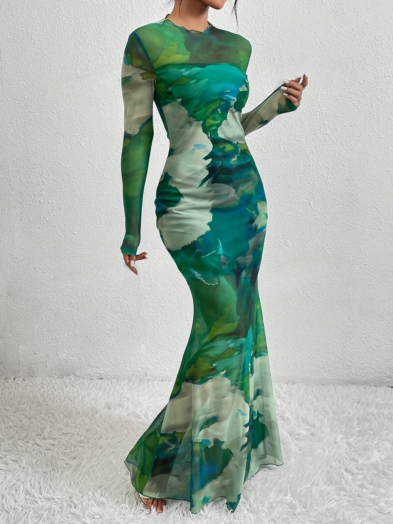 Tie Dye Long Sleeve Mesh Elegant Crew Neck Maxi Dress