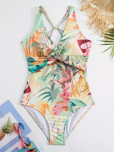 Tropical Print 2 Piece Swimsuits, V Neck Twisted One-piece Bathing-suit & Cover Up Skirt, Women's Swimwear & Clothing