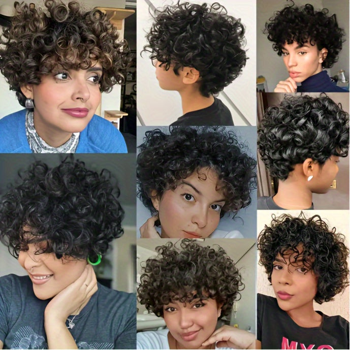 180% Density Women'S 6-inch Short Curly Wave Wig, 100% Human Hair, Non-Lace Front