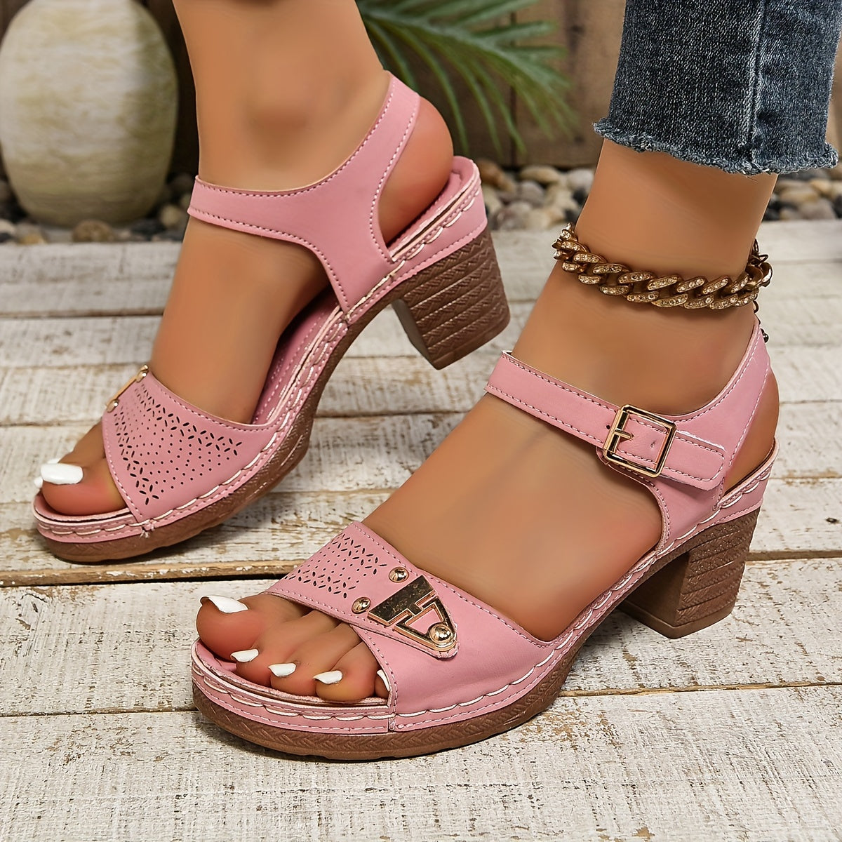 Women's Chunky Heeled Sandals, Casual Peep Toe Stacked Heeled Shoes, All-Match Summer Going Out Sandals