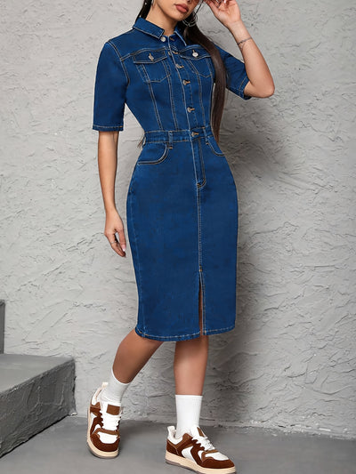 Elegant High Waist Plus Size Stretch Lapel Button Colar Denim Dress with Pockets