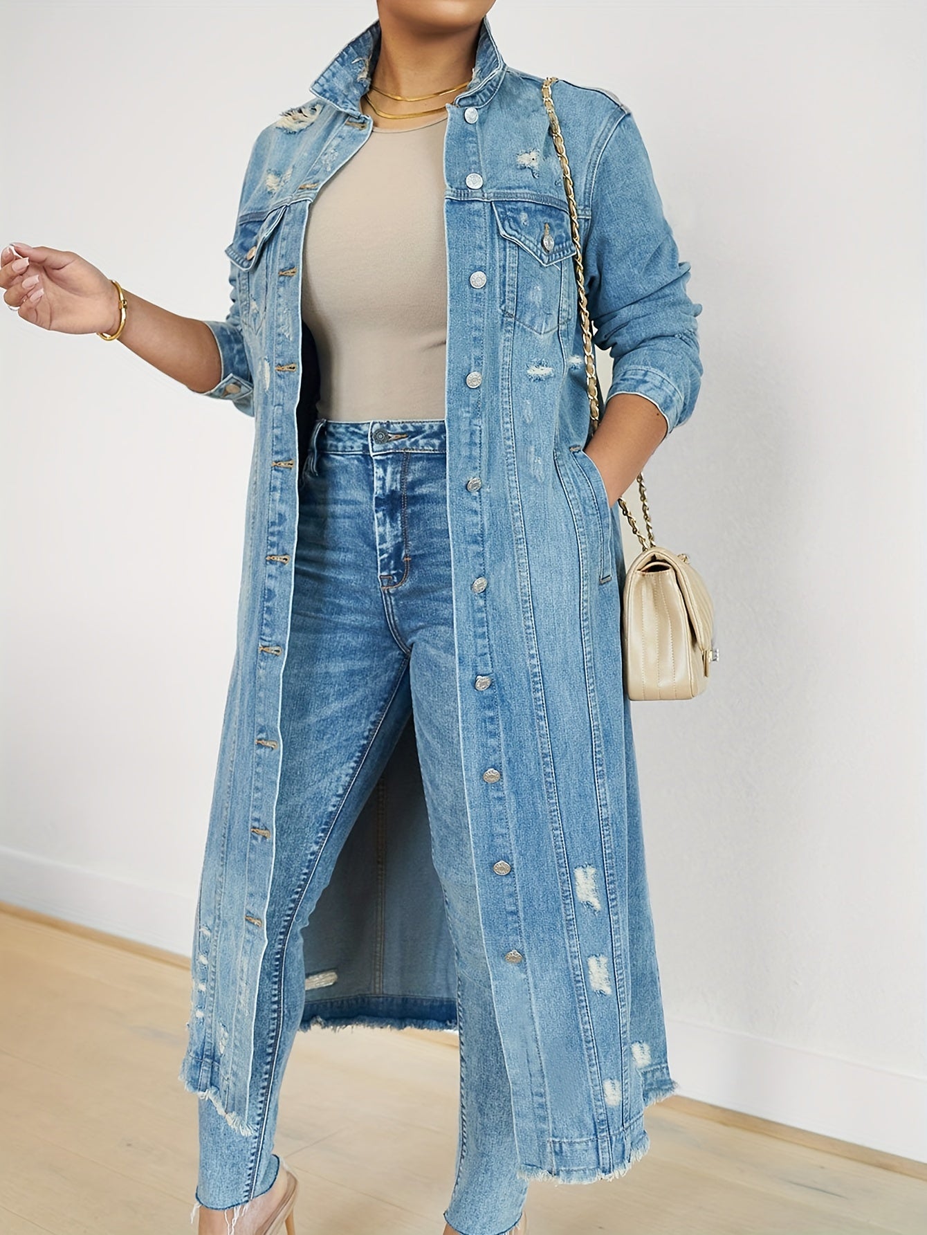 Ripped Raw Hem Distressed Plain Washed Blue Long Sleeve Maxi Denim Coat