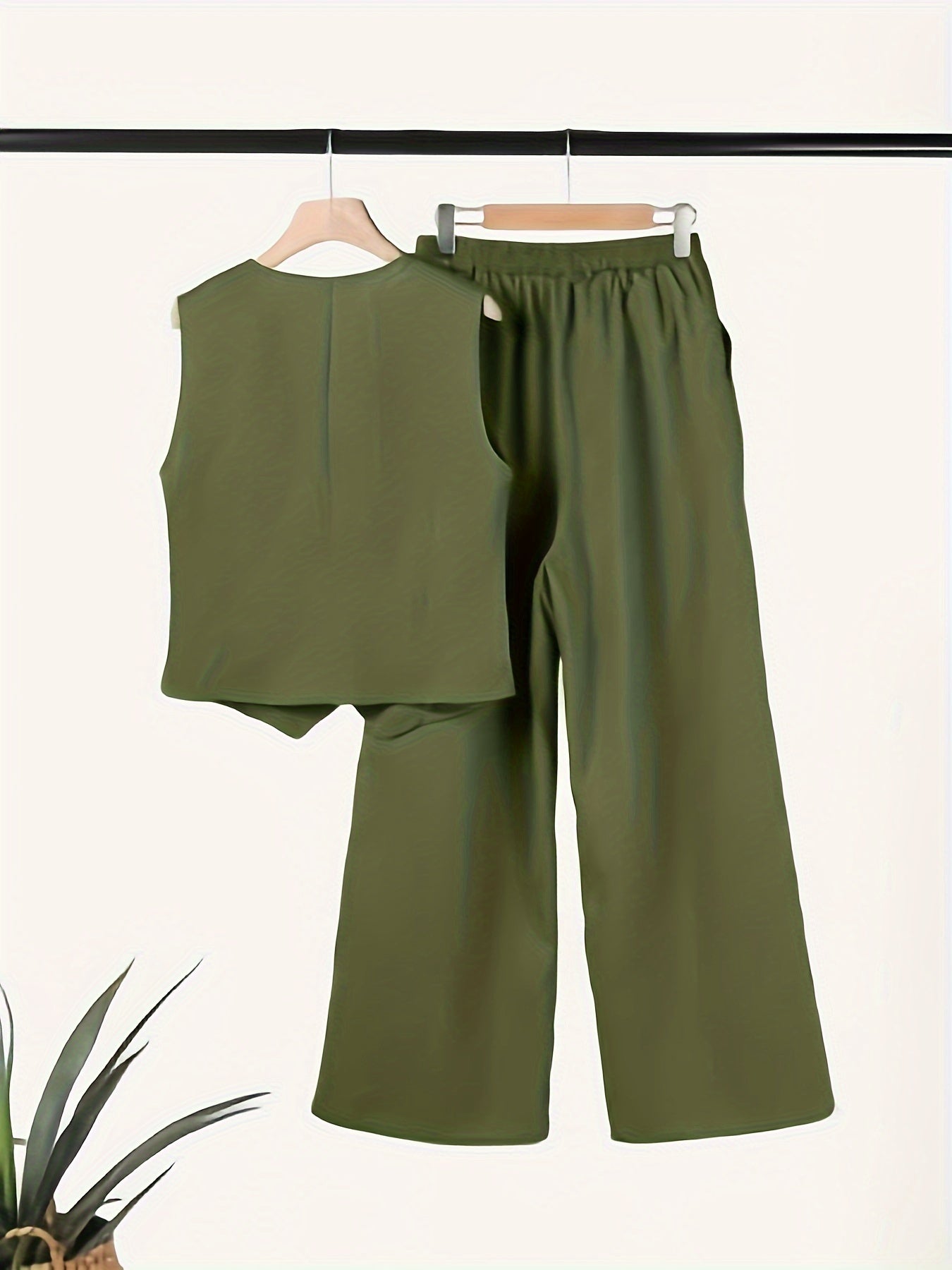 Solid Color Button Front Leisure 2 Piece Pant Set