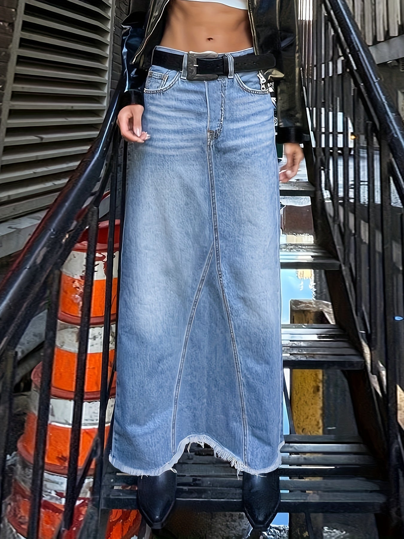 Raw Hem Slash Pocket Maxi Denim Skirt