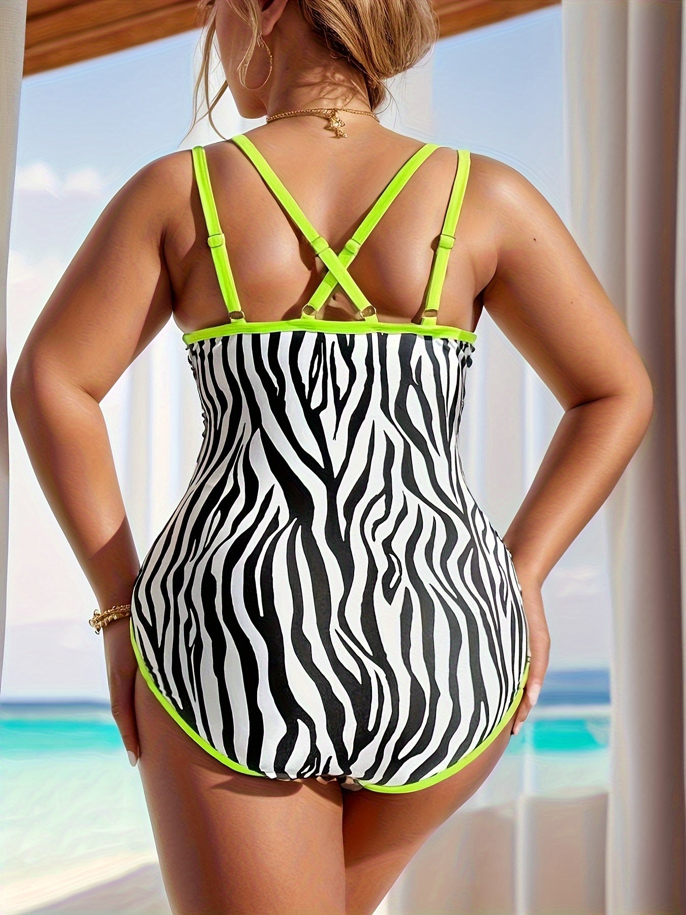 Women One-piece Swimsuit, Plus Size Striped Print V Neck High Cut Bathing Suit