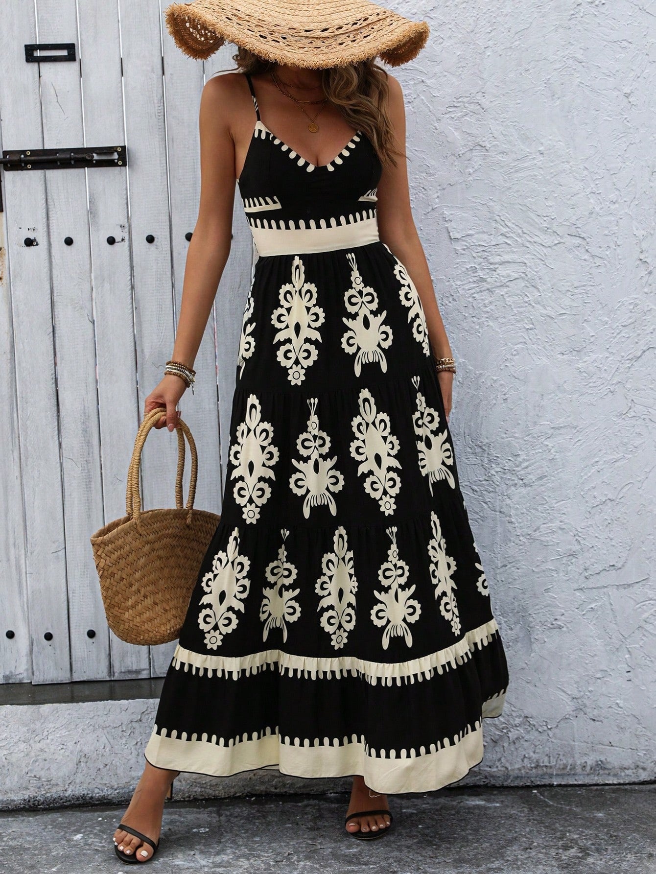 Women's Smocked Sleeveless Flowy Tribal Print Summer Boho  Maxi Dress