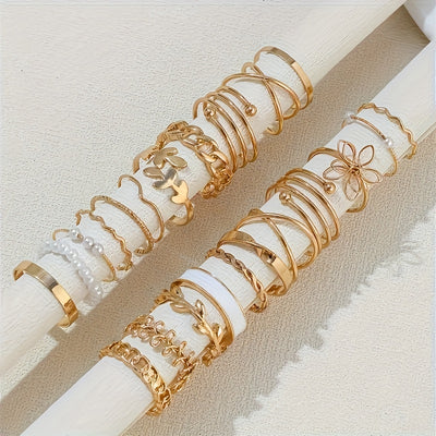 44pcs/set Of Simple And Elegant Style Stacked Rings, Leaf Flower Design Mixed with Daily Clothing, Golden And Silvery Jewelry