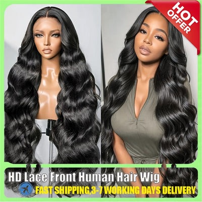 180% Density Brazillian Remy Glueless Versatile, Elegant 32" Body Wave HD Transparent Lace Front 100 % Human Hair Pre-Pluck Wig with Baby Hair