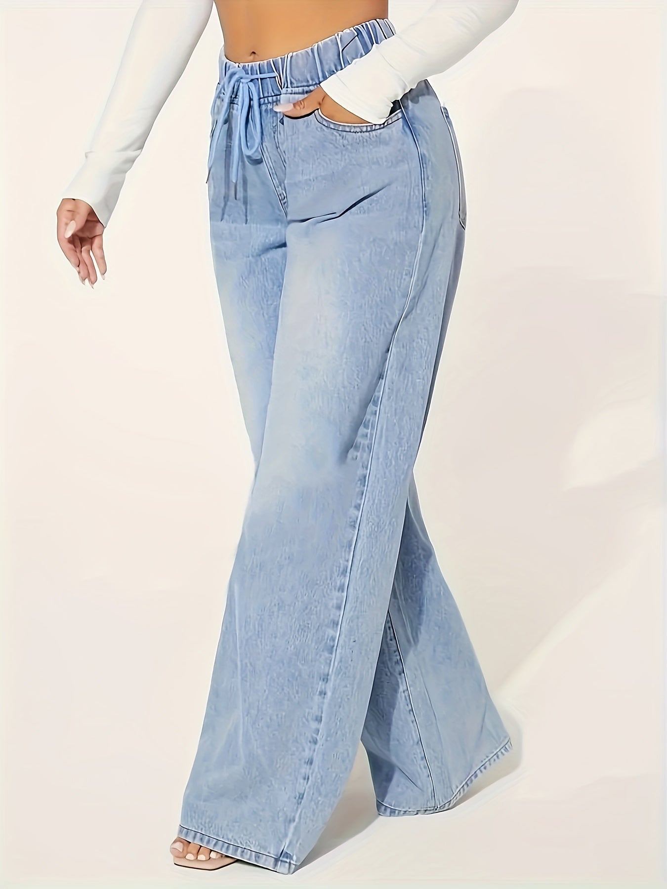 Women's Casual Drawstring Elastic Waist Denim Wide-Leg Jeans