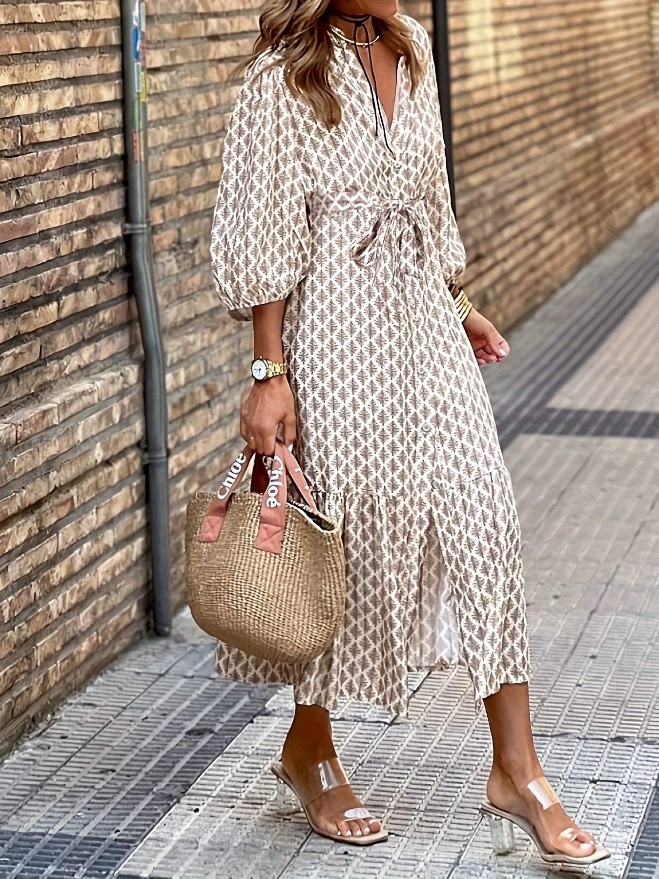 Lace Up Button Front Elegant 3/4 Sleeve Dress