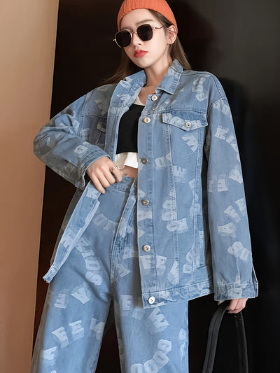 Women 2 Piece Single Breasted Long Sleeve Set Denim Suit