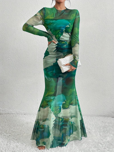 Tie Dye Long Sleeve Mesh Elegant Crew Neck Maxi Dress