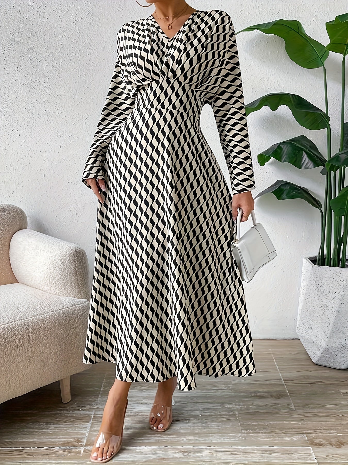 Striped Print High Waist Casual Long Sleeve Dress