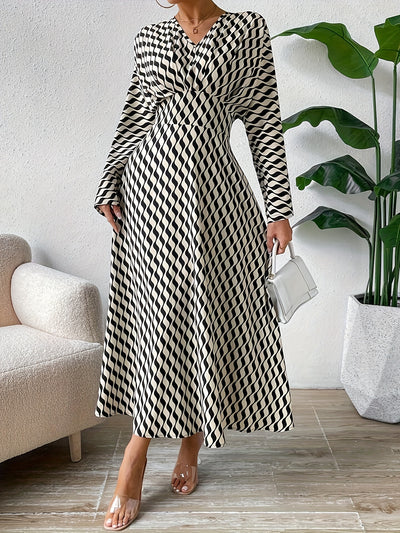 Striped Print High Waist Casual Long Sleeve Dress