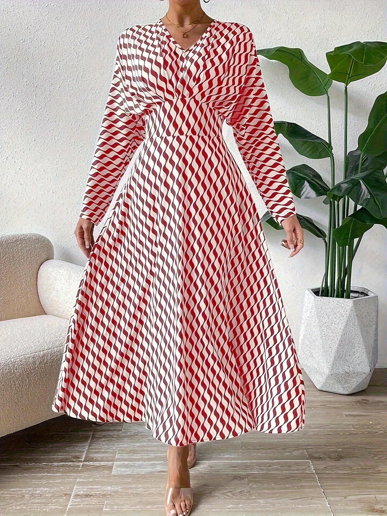 Striped Print High Waist Casual Long Sleeve Dress