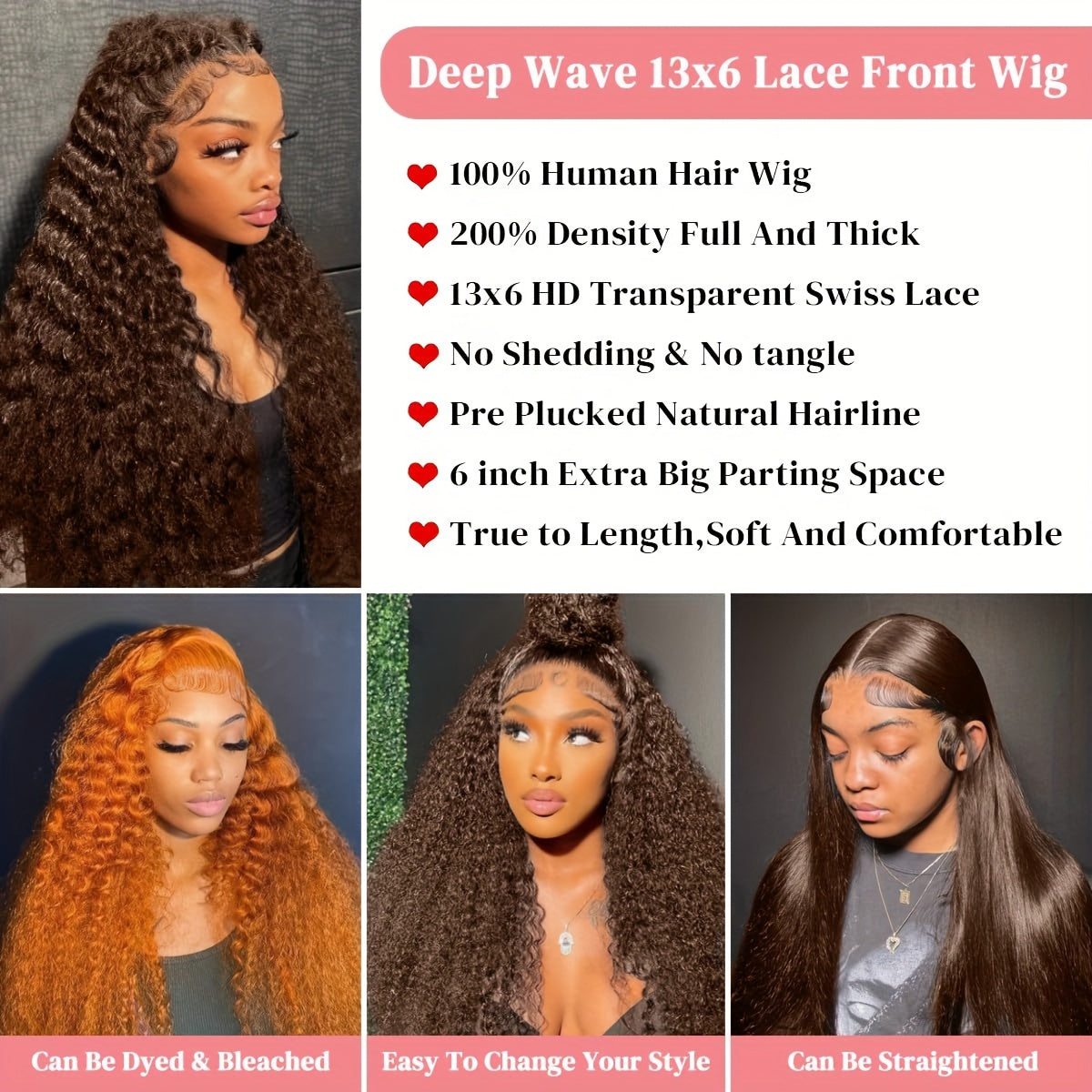 200 Density Chocolate Brown Deep Wave 360 Lace Front Glueless PrePluck Wig Human Hair