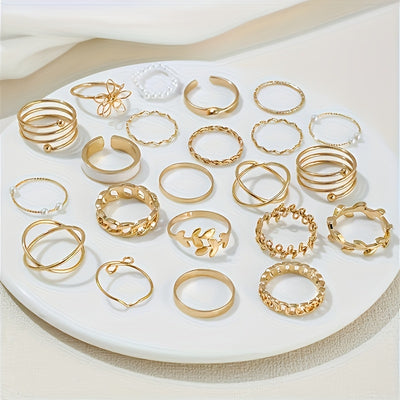 44pcs/set Of Simple And Elegant Style Stacked Rings, Leaf Flower Design Mixed with Daily Clothing, Golden And Silvery Jewelry
