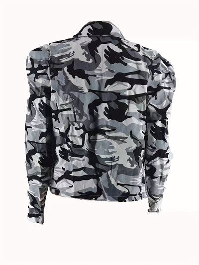 Camo Print Double-breasted Jacket, Casual Long Sleeve Notch Collar