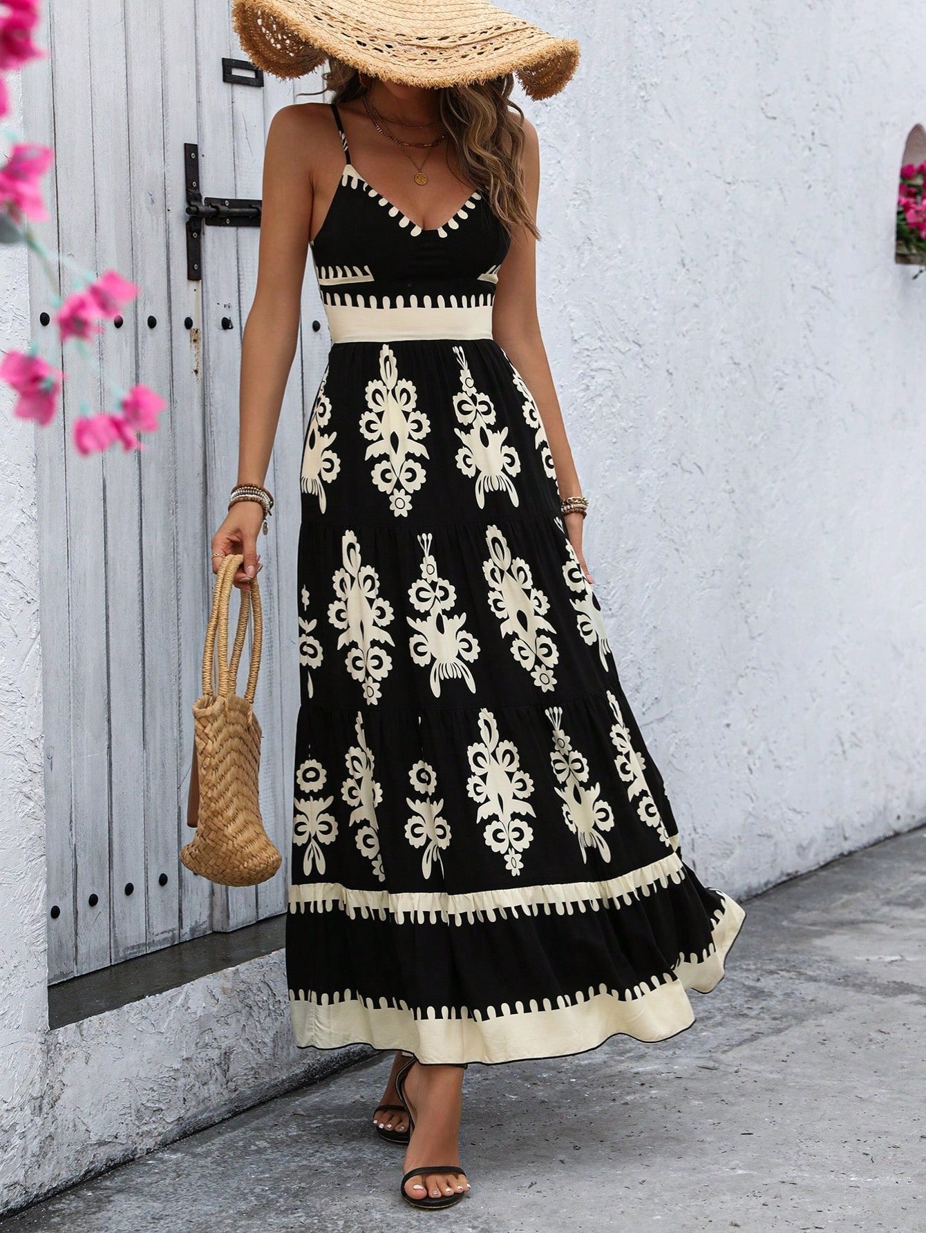 Women's Smocked Sleeveless Flowy Tribal Print Summer Boho  Maxi Dress