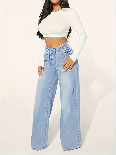 Women's Casual Drawstring Elastic Waist Denim Wide-Leg Jeans